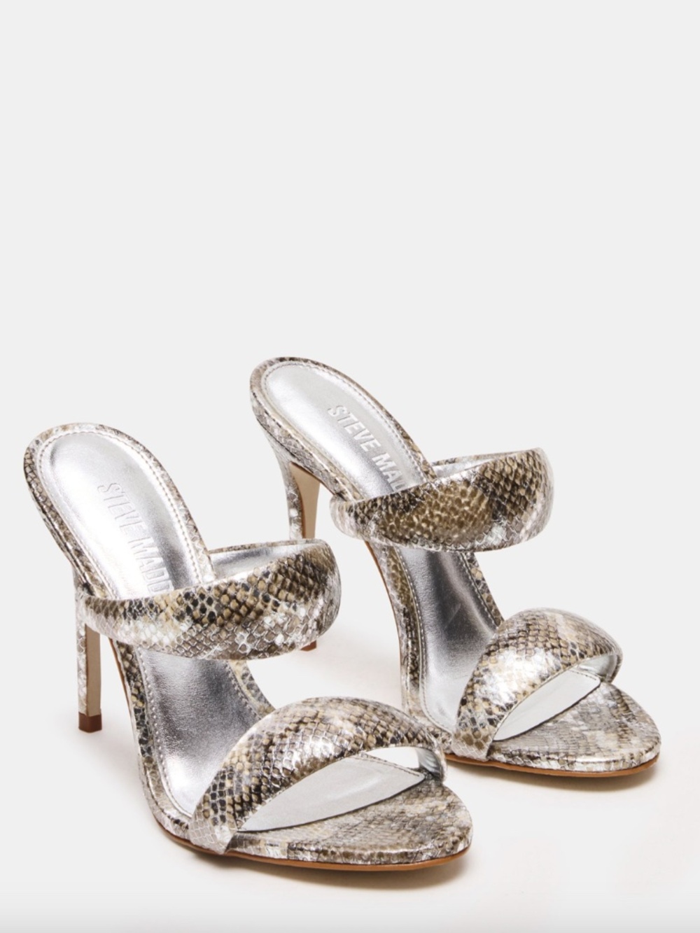 Steve Madden Saturn Snake Metallic Silver High Heel Mule Sandal Tubular Size 7.5